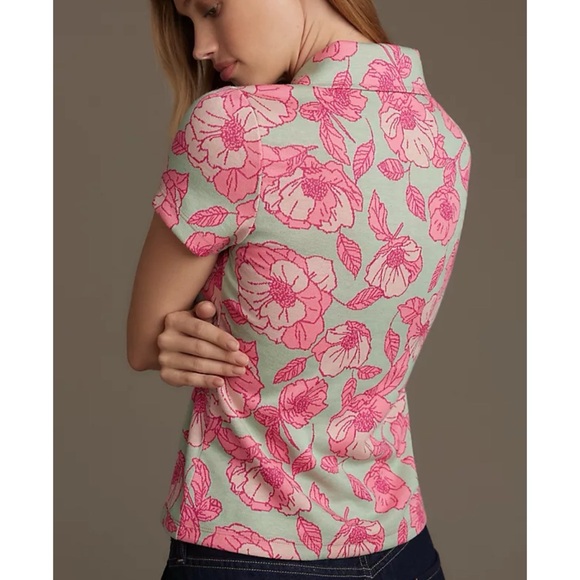 Anthropologie Maeve Short-Sleeve Floral Jacquard Top Pink/Green Medium - Picture 12 of 14